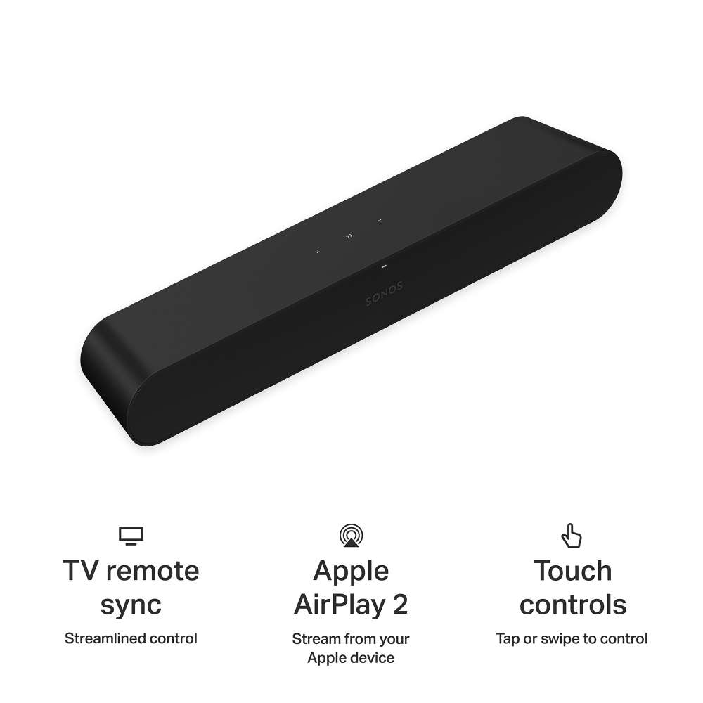 Black Sonos Ray Sound Bar angled view above three captioned icons reading TV remote sync streamlined control, Apple AirPlay 2 stream from your Apple device and Touch controls tap or swipe to control
