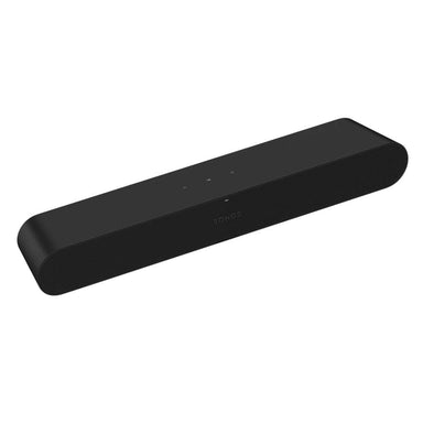 Black Sonos Ray Sound Bar angled view of the compact sound bar showing its perforated front grille and the touch controls on top against a white background