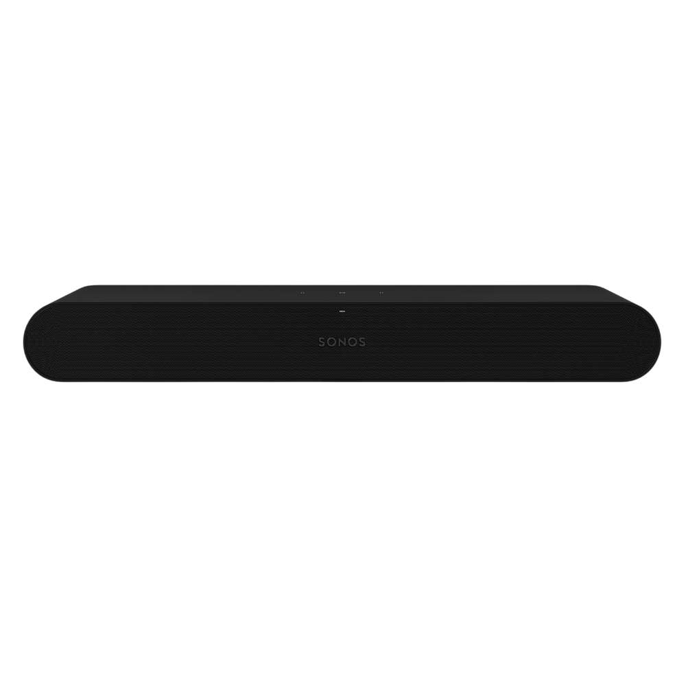 Black Sonos Ray Sound Bar straight-on front view of the bar showing its perforated grille, small Sonos wordmark and status light on a white background