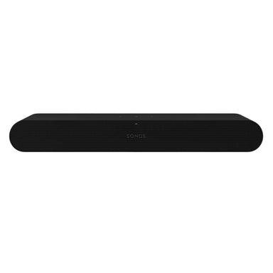Black Sonos Ray Sound Bar straight-on front view of the bar showing its perforated grille, small Sonos wordmark and status light on a white background