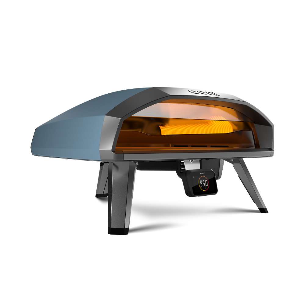 Blue Ooni Koda 2 Pro Pizza Oven angled front right view with the glowing orange interior and the digital display reading 950.