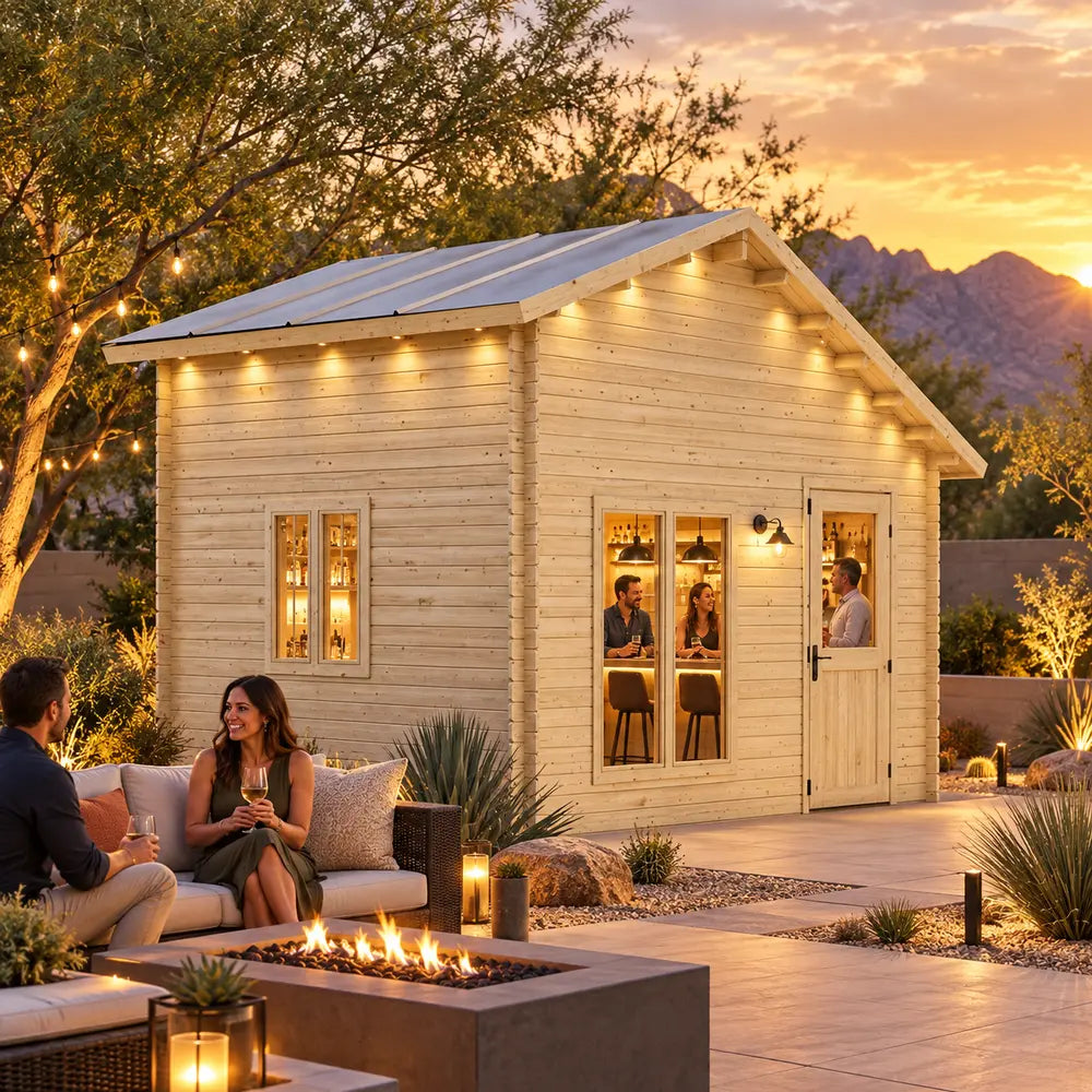 BlueWater Bungalow 160 transformed into an upscale backyard bar at golden hour, with friends socializing inside and beside a fire feature in a landscaped Nevada garden.
