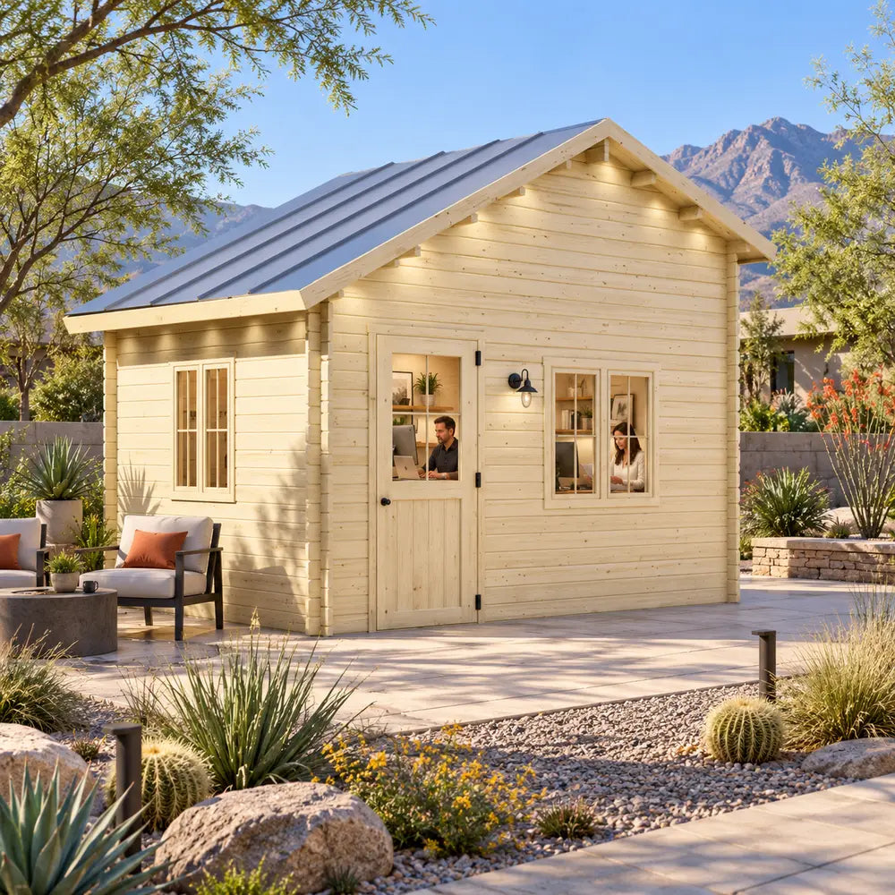 BlueWater Bungalow 160 configured as a sunny backyard office in Nevada, with two adults working inside the compact timber structure surrounded by upscale desert landscaping.
