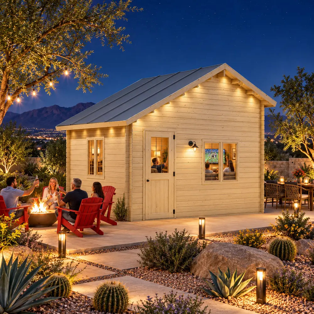 BlueWater Bungalow 160 illuminated for a bright Nevada sports night, with friends watching a game inside while another group gathers around an outdoor fire feature.
