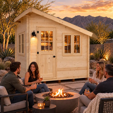 Close front-left view of the Bluewater Den 67 at golden hour, with its compact bar glowing through the door and windows. Four adults socialize around a fire feature amid upscale Nevada desert landscaping.
