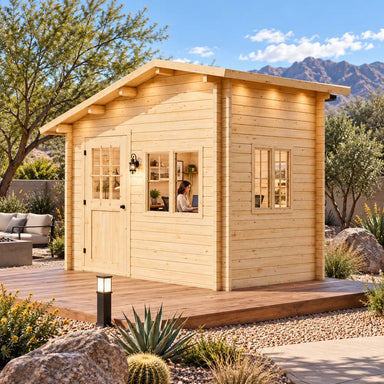 Wide front-right view of the 67-square-foot Bluewater Den Freedom Office in a sunny Nevada backyard. One adult works inside the compact office, surrounded by desert plants, boulders, a wooden platform, and distant mountains.
