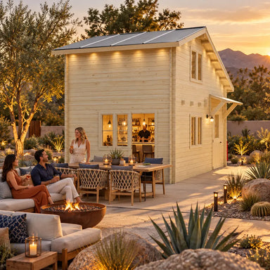 Side view of the BlueWater Freedom Loft Studio transformed into an upscale backyard bar at golden hour, with friends socializing beside a fire feature and desert landscaping.
