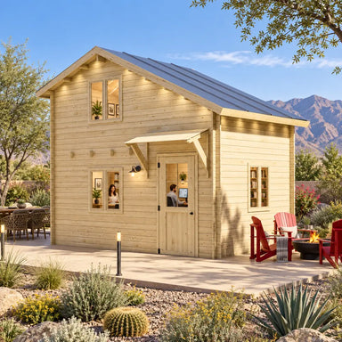 BlueWater Freedom Loft Studio configured as a sunny backyard office in Nevada, with two adults working inside the compact 160-square-foot timber structure.
