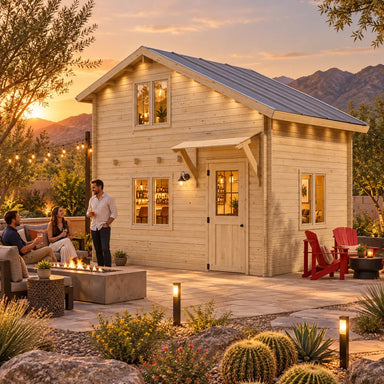 BlueWater Freedom Loft Studio transformed into an upscale backyard bar at golden hour, surrounded by desert landscaping, mountain views, a fire feature, and friends socializing.
