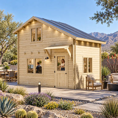 BlueWater Freedom Loft Studio configured as a backyard office in a sunny Nevada desert garden, with two adults working inside the compact 160-square-foot timber structure.
