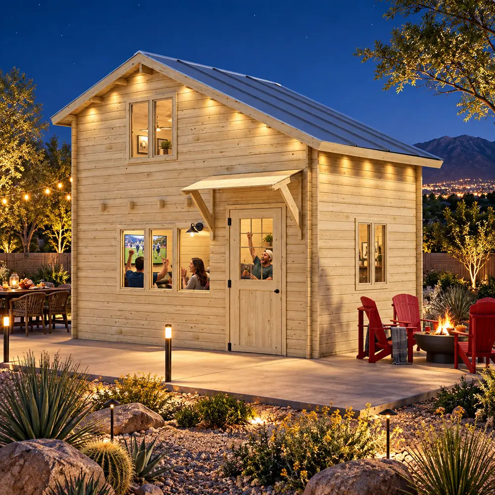 BlueWater Freedom Loft Studio illuminated for a bright Nevada sports night, with friends watching a game inside and warm landscape lighting surrounding the timber structure.
