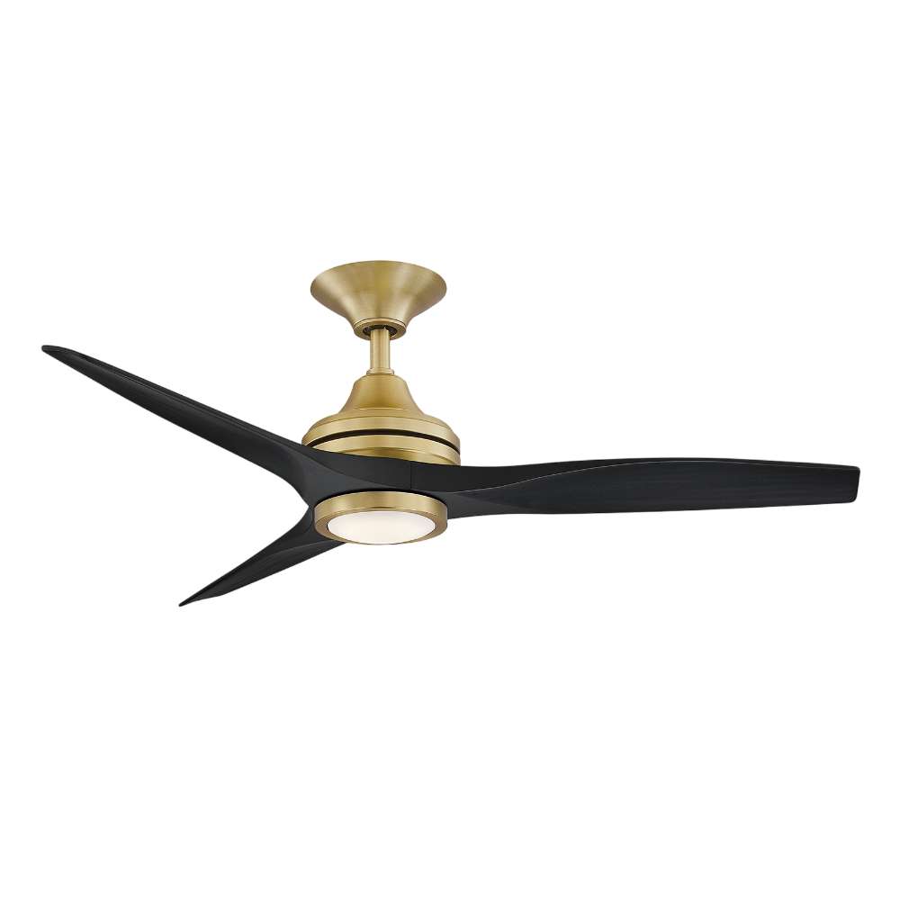 Brass/Black Crate & Barrel Fanimation Spitfire Walnut Indoor/Outdoor Ceiling Fan 48 inch with LED light in front view