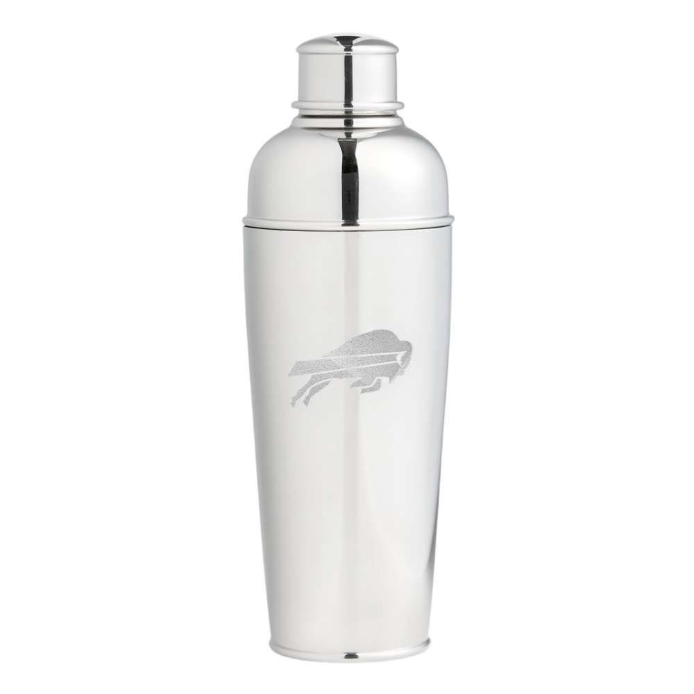 Buffalo Bills Crate & Barrel Easton Stainless Steel Cocktail Shaker with polished stainless steel and team logo design