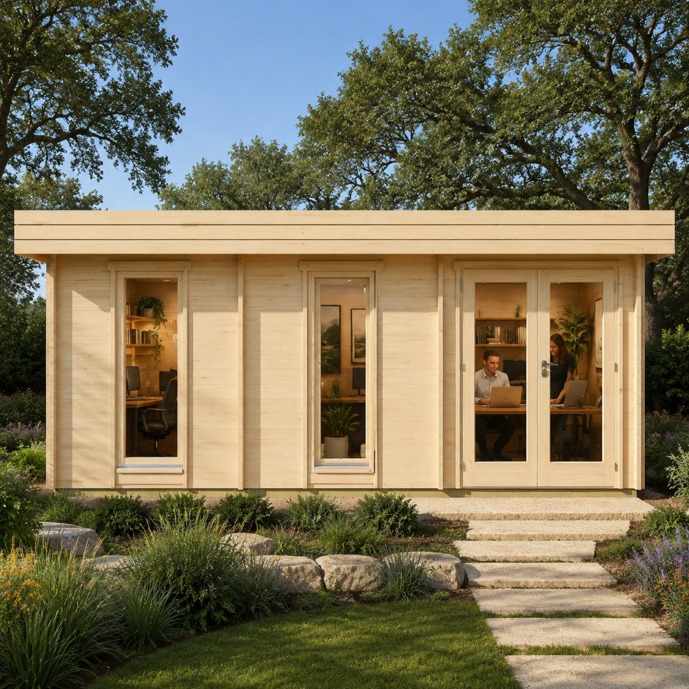 Rectangular light wood studio with flat roof, glass doors, and windows showing an office interior in a garden setting.