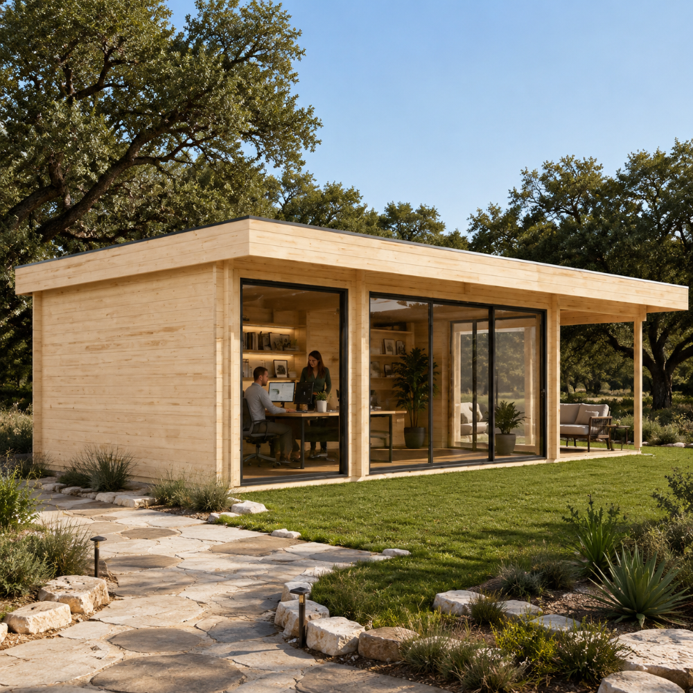 Rectangular light wood ALU Concept 70O studio with glass sliding doors, flat roof, and interior office space on a lawn.