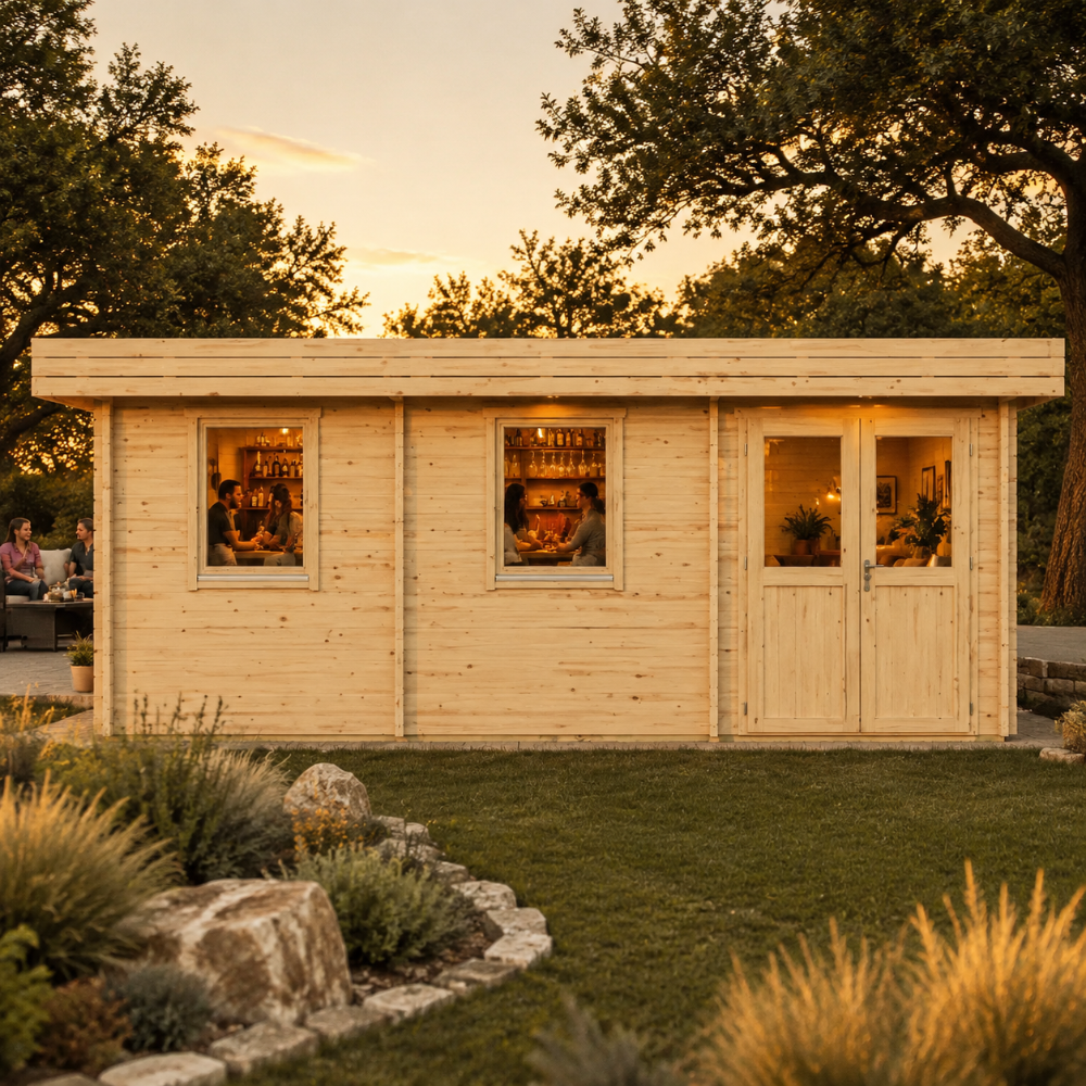 Rectangular light wood studio with two windows and double doors on a lawn at dusk. Miriam 44C Classic is printed on a sign.