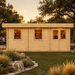 Rectangular light wood studio with two windows and double doors on a lawn at dusk. Miriam 44C Classic is printed on a sign.