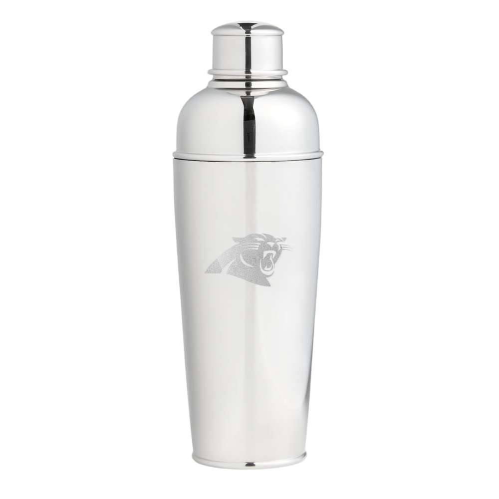 Carolina Panthers Crate & Barrel Easton Stainless Steel Cocktail Shaker with polished stainless steel and team logo design