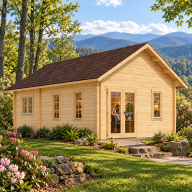 Farum 44 professional home office surrounded by rhododendrons, mature hardwoods, and layered Blue Ridge Mountains near Asheville, North Carolina.