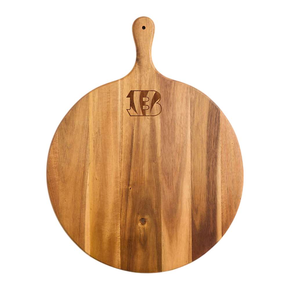 Cincinnati Bengals Crate & Barrel NFL Tondo Acacia Round Serving Board with acacia wood and team logo