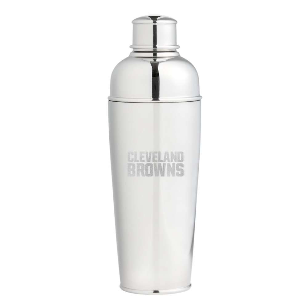 Cleveland Browns Crate & Barrel Easton Stainless Steel Cocktail Shaker with polished stainless steel and team logo design