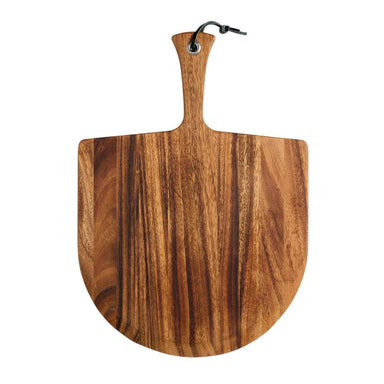 Crate & Barrel Acacia Pizza Peel on a white background, standing upright to show the striped acacia grain, the rounded lower corners of the blade and the tapered handle with a metal grommet and black leather cord loop.
