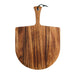 Crate & Barrel Acacia Pizza Peel on a white background, standing upright to show the striped acacia grain, the rounded lower corners of the blade and the tapered handle with a metal grommet and black leather cord loop.