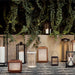 Crate & Barrel Alfresco Black Metal and Glass LED Solar Outdoor Lantern flanking a doorway in an outdoor setting