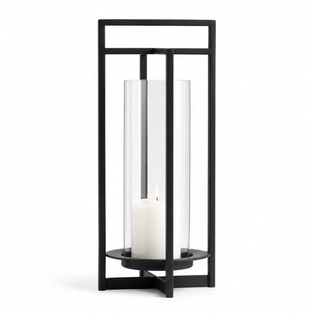 Crate & Barrel Dune Black Metal Outdoor Lantern 18 inches with X-shaped frame and glass hurricane insert
