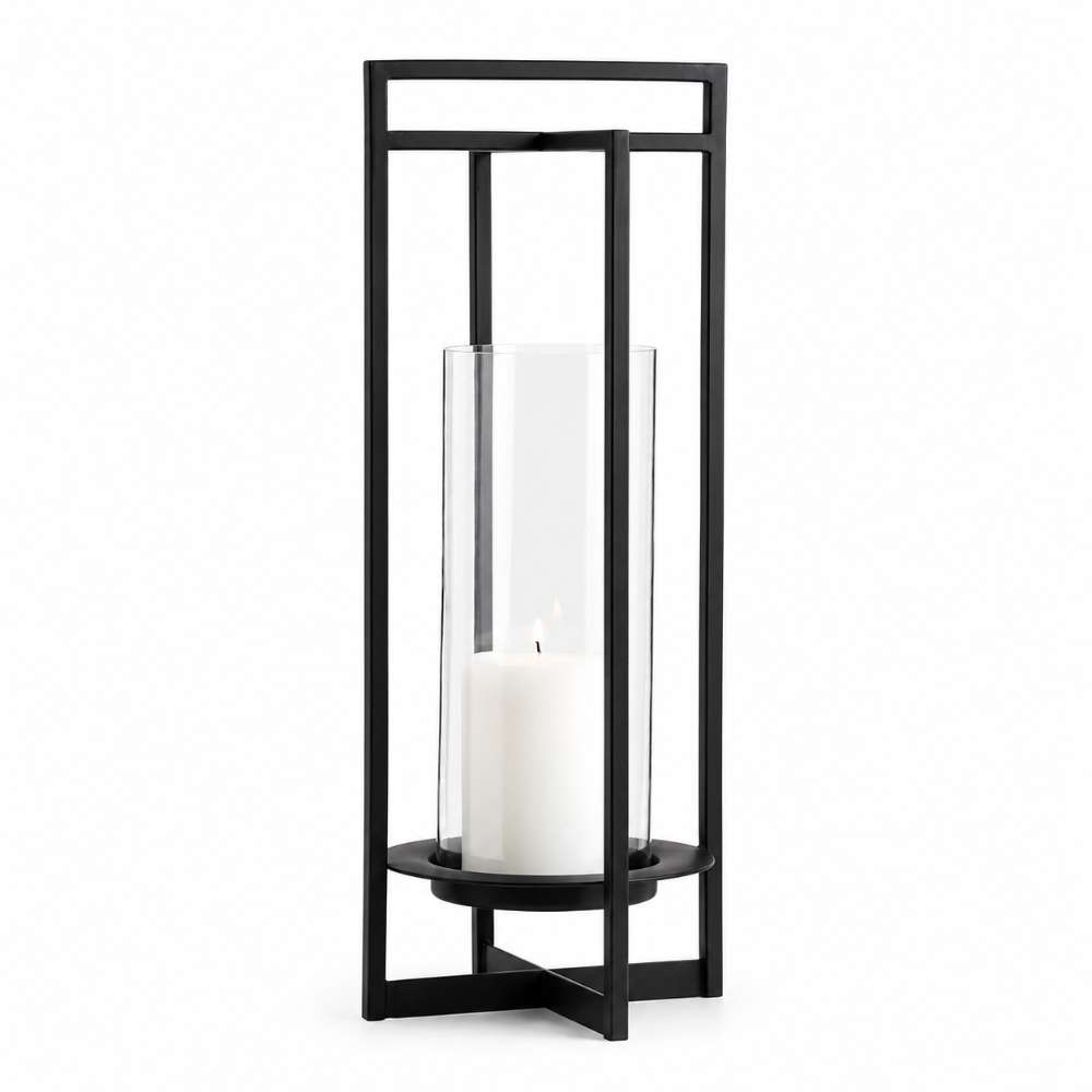 Crate & Barrel Dune Black Metal Outdoor Lantern 24 inches with X-shaped frame and glass hurricane insert
