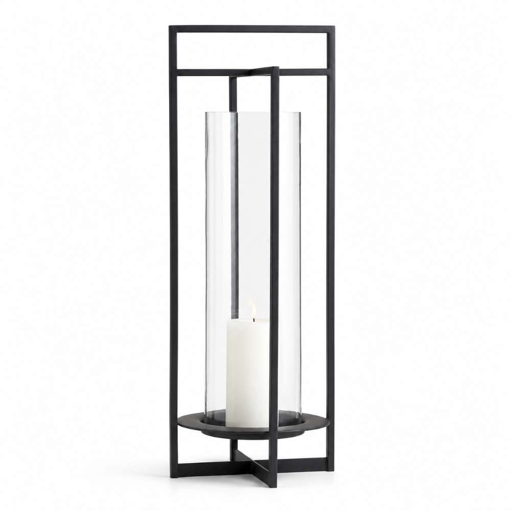 Crate & Barrel Dune Black Metal Outdoor Lantern 32 inches with X-shaped frame and glass hurricane insert
