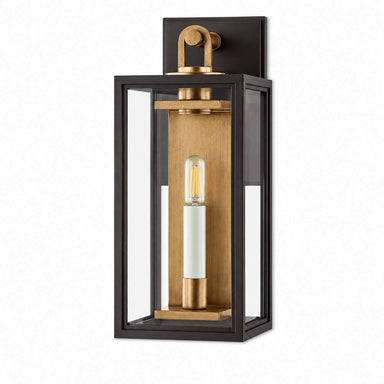 Crate & Barrel Lancaster Medium Outdoor Wall Sconce Light 14.75 inches in bronze with modern contemporary design for walls