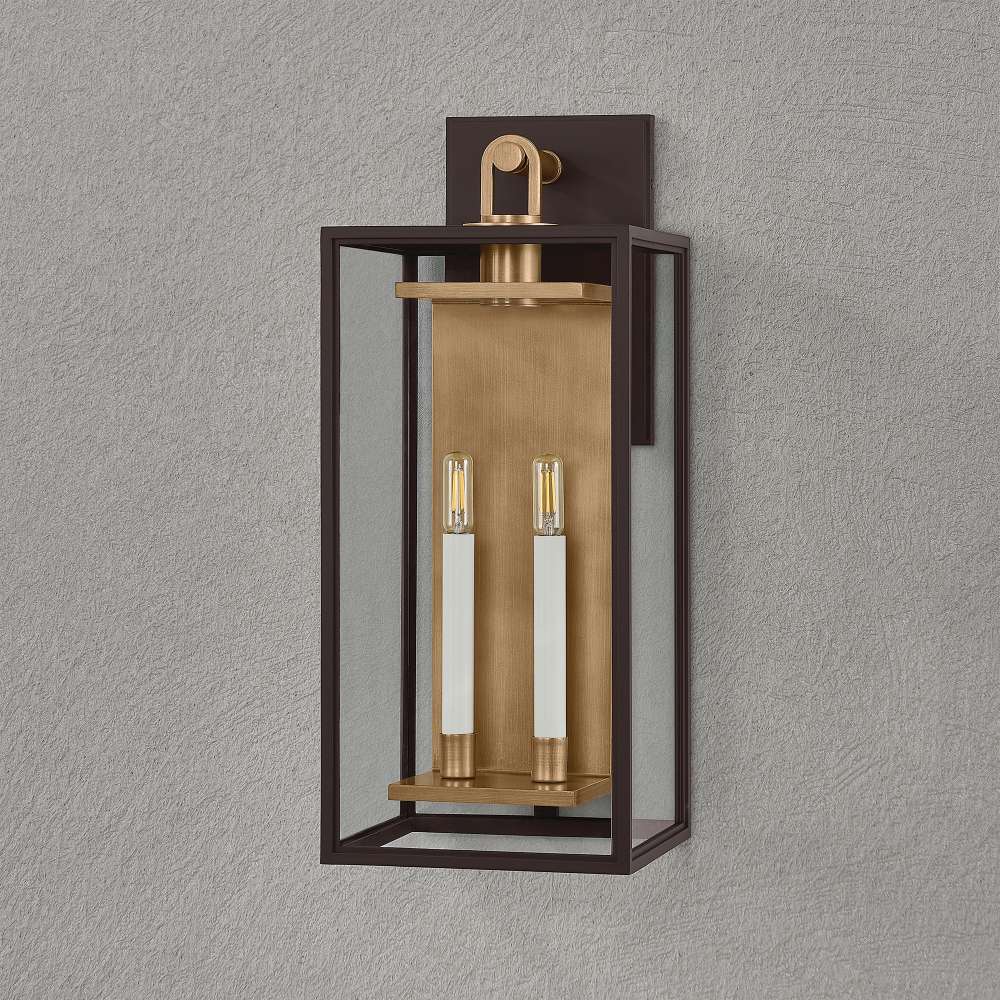 Crate & Barrel Lancaster Outdoor Wall Sconce Light detail showing bronze hardware and glass construction