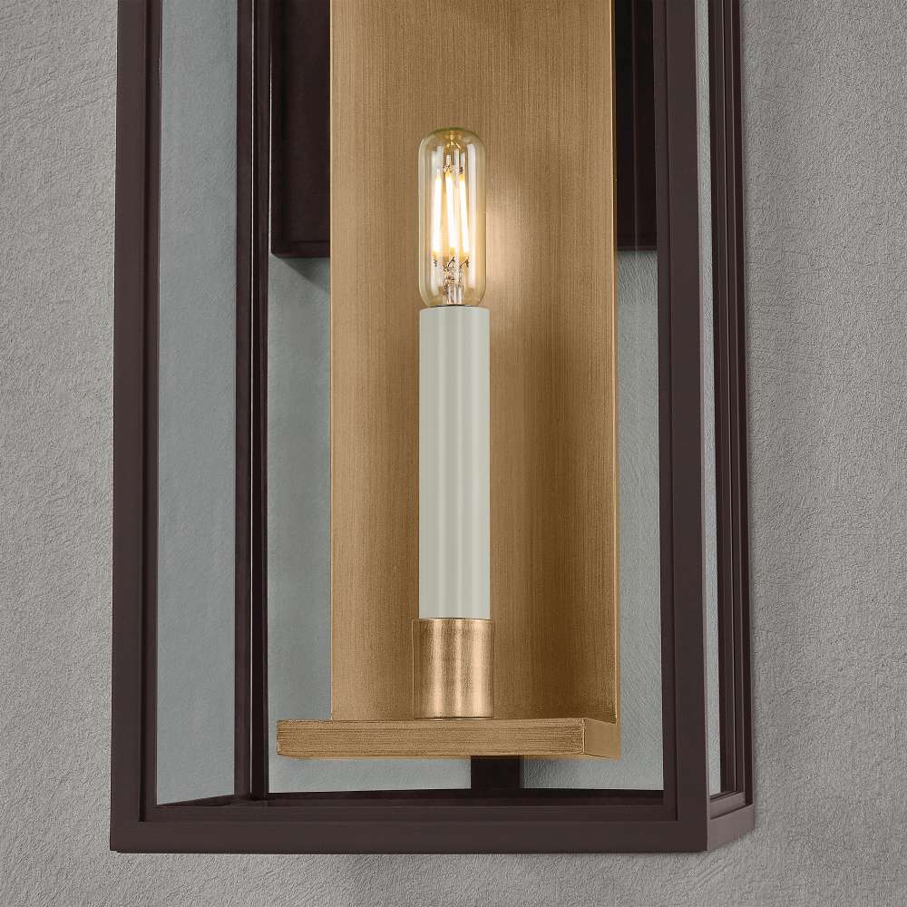 Crate & Barrel Lancaster Outdoor Wall Sconce Light medium size in bronze mounted on wall