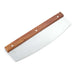 Crate & Barrel Rocker Pizza Cutter angled on a white background, showing the long wood handle fixed to the wide curved stainless steel blade with two silver rivets.