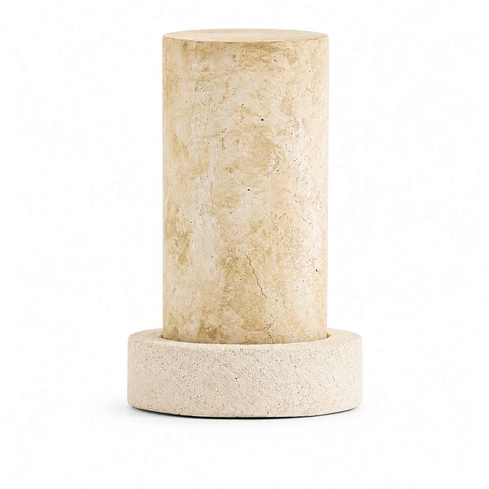 Crate & Barrel Sheridan Small Rechargeable Outdoor Lantern 13 inches with faux travertine shade