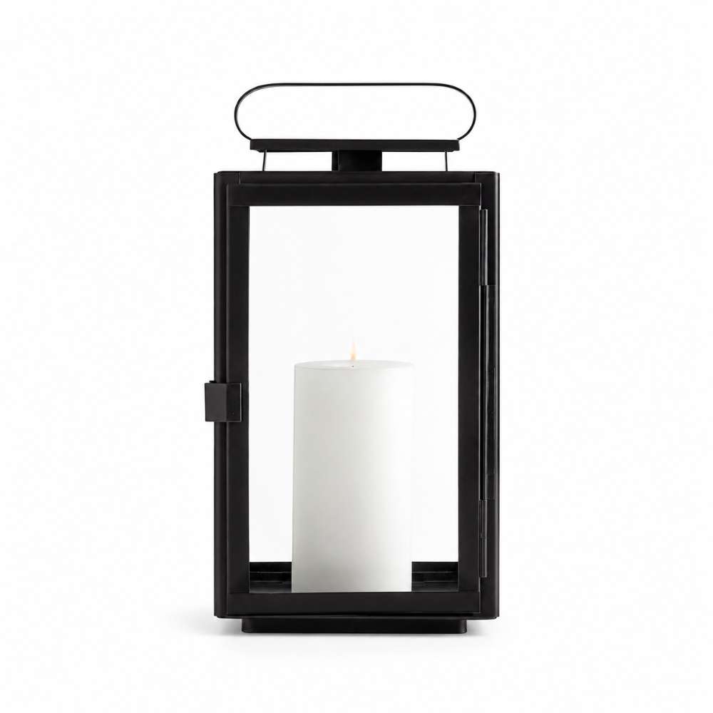 Crate & Barrel Walker Black Metal Outdoor Lantern 17.75 inches in black iron with glass panes and geometric design for patio or mantel