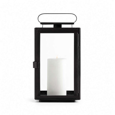 Crate & Barrel Walker Black Metal Outdoor Lantern 17.75 inches in black iron with glass panes and geometric design for patio or mantel
