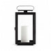 Crate & Barrel Walker Black Metal Outdoor Lantern 17.75 inches in black iron with glass panes and geometric design for patio or mantel