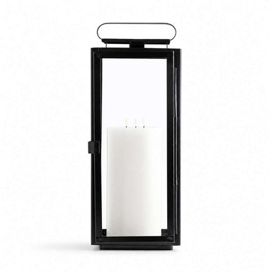 Crate & Barrel Walker Black Metal Outdoor Lantern 24 inches in black iron with glass panes and geometric design for patio or mantel