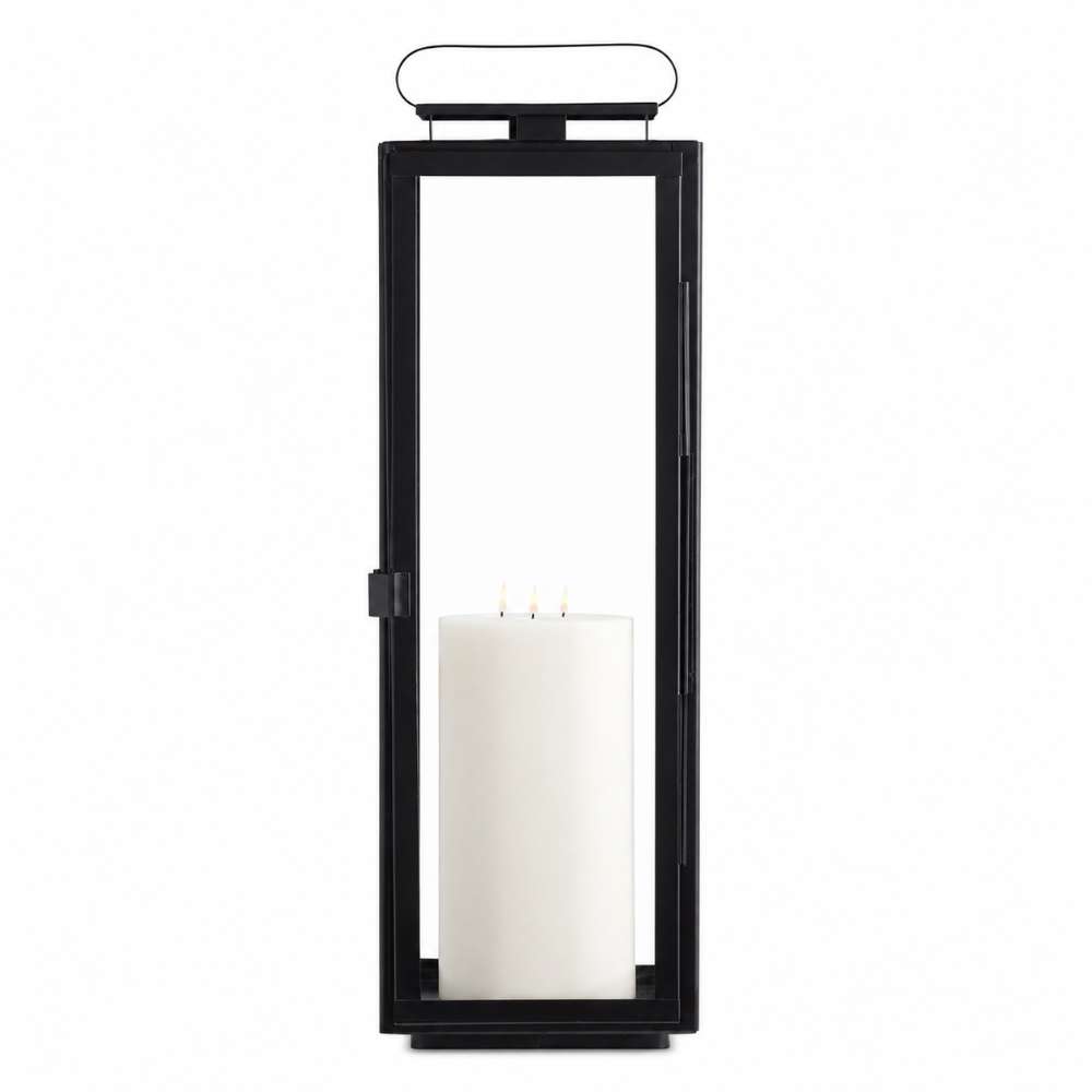 Crate & Barrel Walker Black Metal Outdoor Lantern 30.25 inches in black iron with glass panes and geometric design for patio or mantel