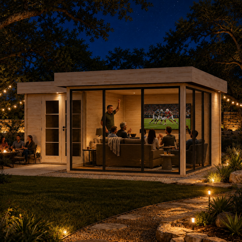 Light wood ALU Concept 70M cabin with glass walls at night, showing people watching a game inside a lit living room.