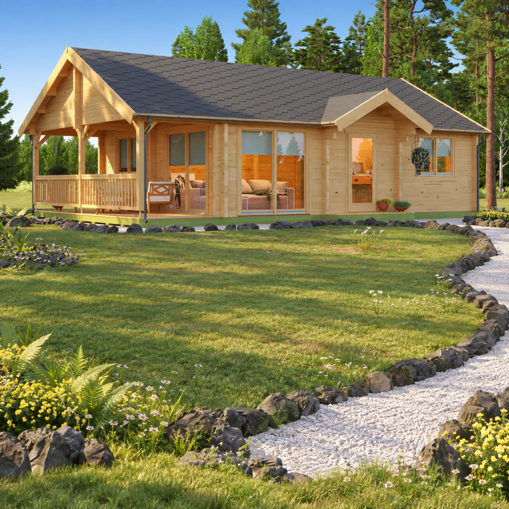 GardenHouse24 USA Garda 90 Garden Room stands surrounded by trees, its natural wood exterior glowing in daylight with a cozy patio on the left