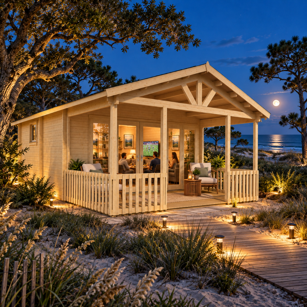 Angled view of the Nepean 44A sports room illuminated at night among live oaks, maritime pines, sea oats, and coastal dunes on North Carolina’s Outer Banks.