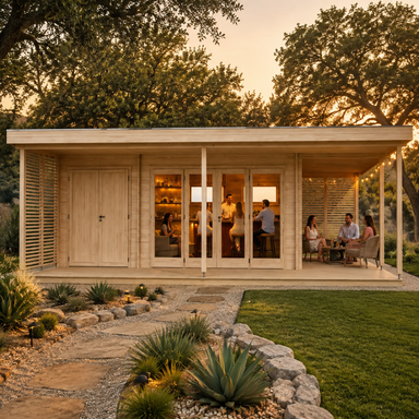 Rectangular light wood Kilian 70 cabin with glass doors, a porch, and people sitting inside and outside at sunset.