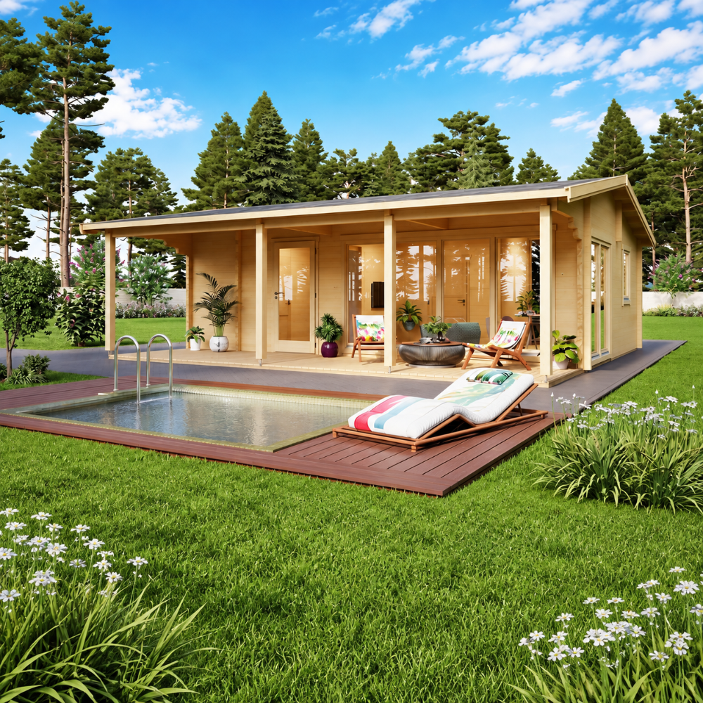 Mikka 70 wooden garden room with a covered furnished porch beside a small pool and lounge chair, surrounded by lawn, flowers and evergreen trees.