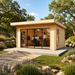 Rectangular wood studio with glass sliding doors and two people working inside an office setting outdoors.