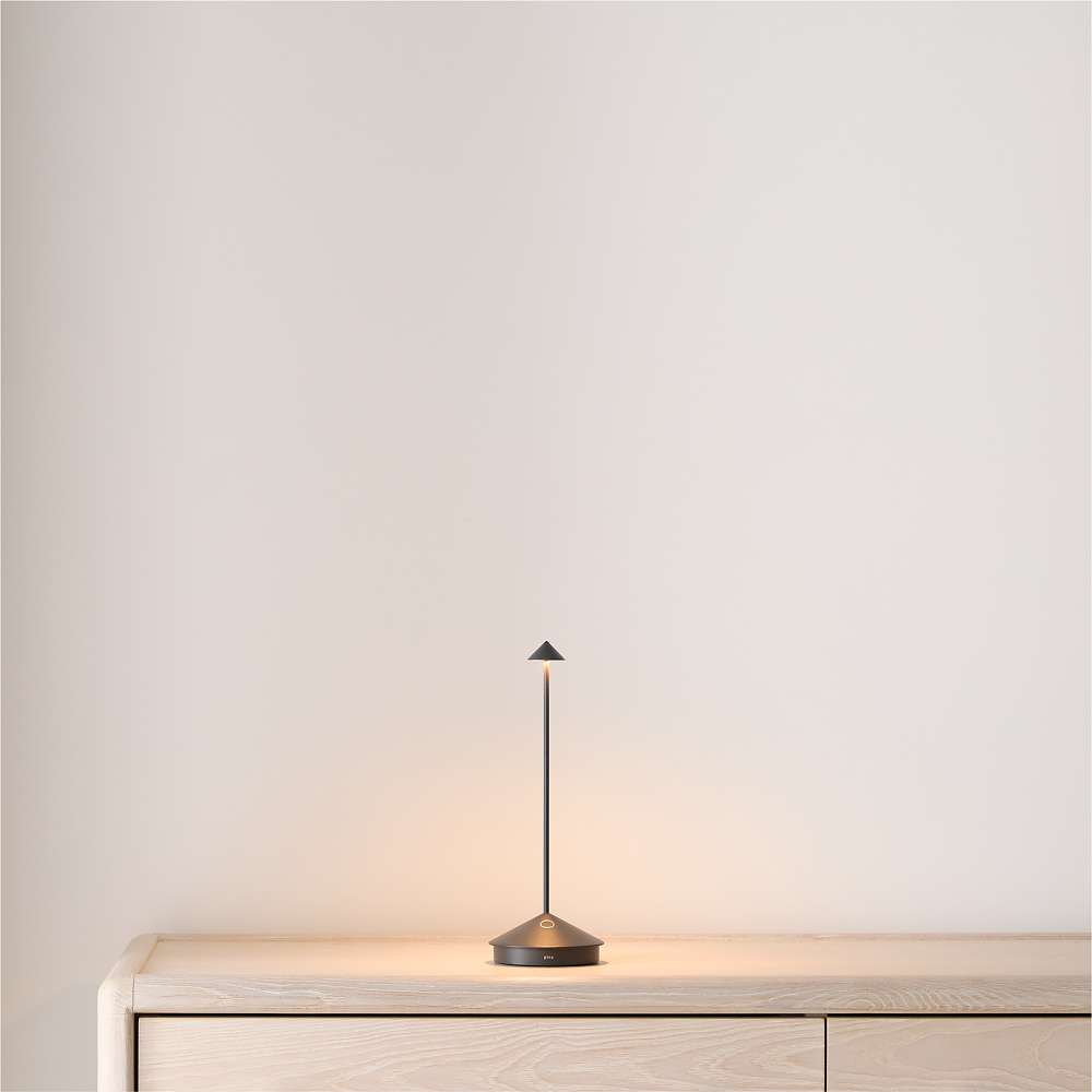 Dark Grey Crate & Barrel Pina Pro Metal Table Lamp by Zafferano America in a straight-on front view of the powdercoated aluminum body