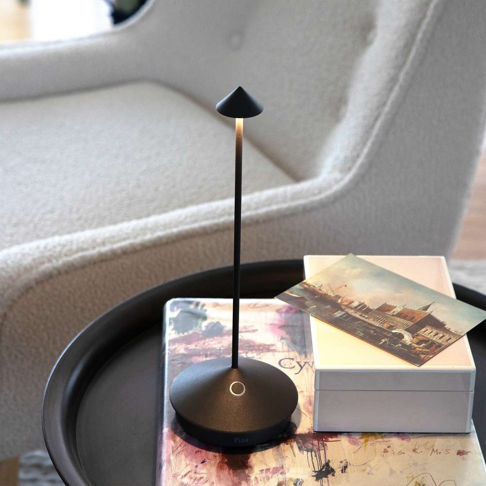 Dark Grey Crate & Barrel Pina Pro Metal Table Lamp by Zafferano America lit and styled on a table surface