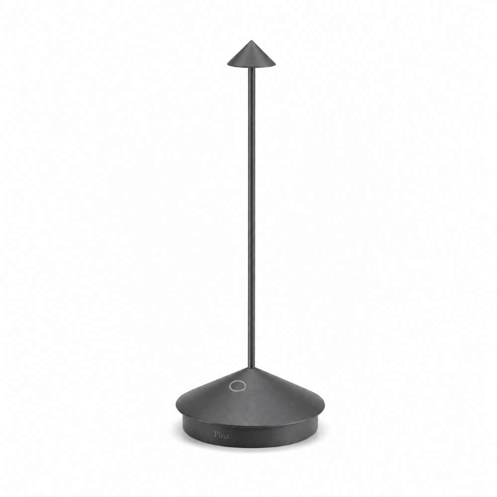 Dark Grey Crate & Barrel Pina Pro Metal Table Lamp by Zafferano America with a conical base, slender tube and mini taper shade